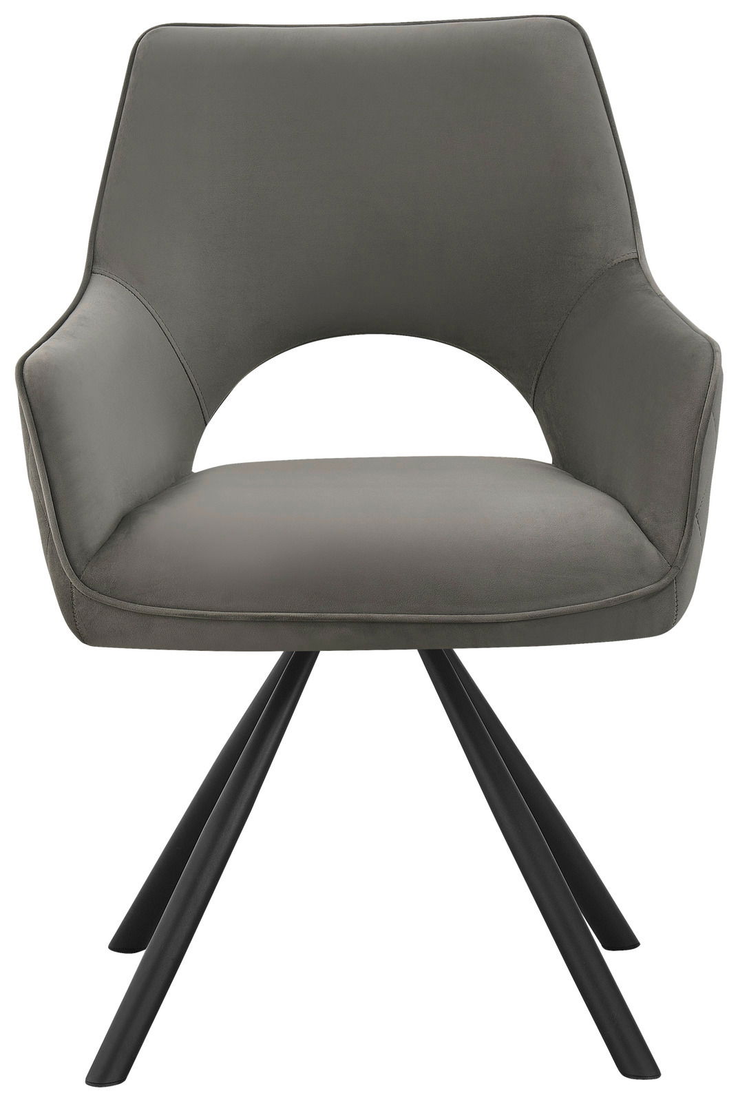 Moderner grauer Armlehnstuhl mit schwarzem Metallgestell, Frontalansicht