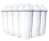Sechs weiße Ersatz-Wasserfilter in einer schrägen Perspektive