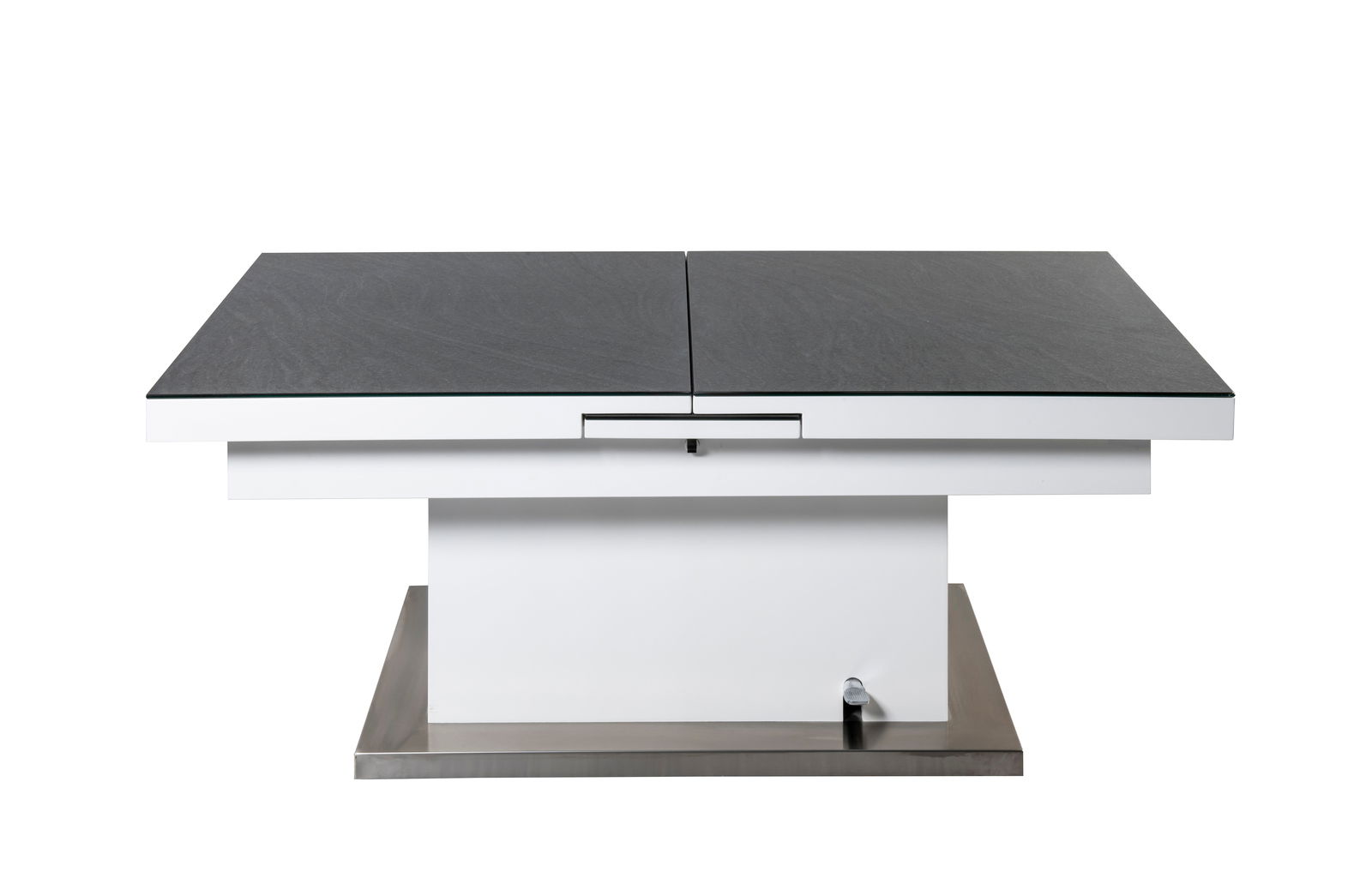 Moderner Couchtisch mit dunkler Tischplatte und weißem Sockel, frontal betrachtet.