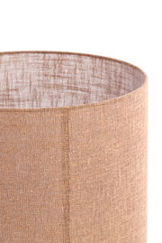 Nahaufnahme eines zylindrischen, braunen Lampenschirms aus Stoff mit texturierter Oberfläche.