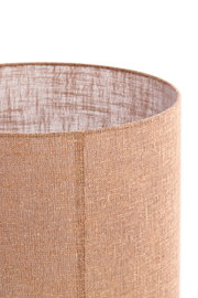 Nahaufnahme eines zylindrischen, braunen Lampenschirms aus Stoff mit texturierter Oberfläche.