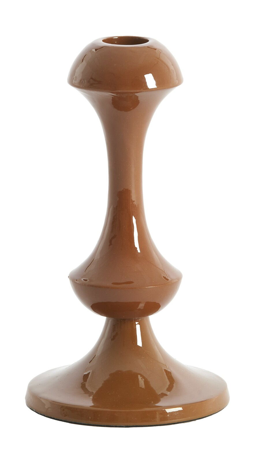 Brauner Kerzenständer aus Keramik in eleganter, geschwungener Form, frontal abgebildet.