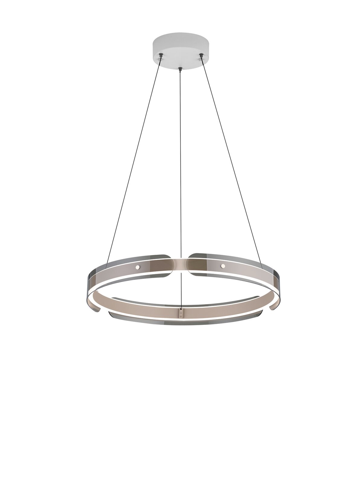 Moderne runde LED-Pendelleuchte in Silber mit Ringdesign, an drei schwarzen Kabeln aufgehängt, frontale Ansicht vor weißem Hintergrund