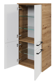 Midischrank mit Holzoptik und weißen Türen, geöffnet, mit Glasböden, seitliche Perspektive