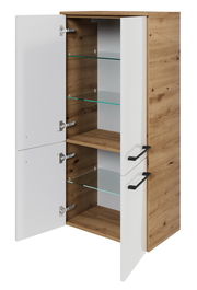 Midischrank mit Holzoptik und weißen Türen, geöffnet, mit Glasböden, seitliche Perspektive