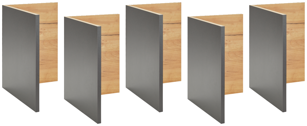 Novel Facheinsätze 5er-Set RENTON Fünf Facheinsätze aus Holz und Metall in einer diagonalen Perspektive.