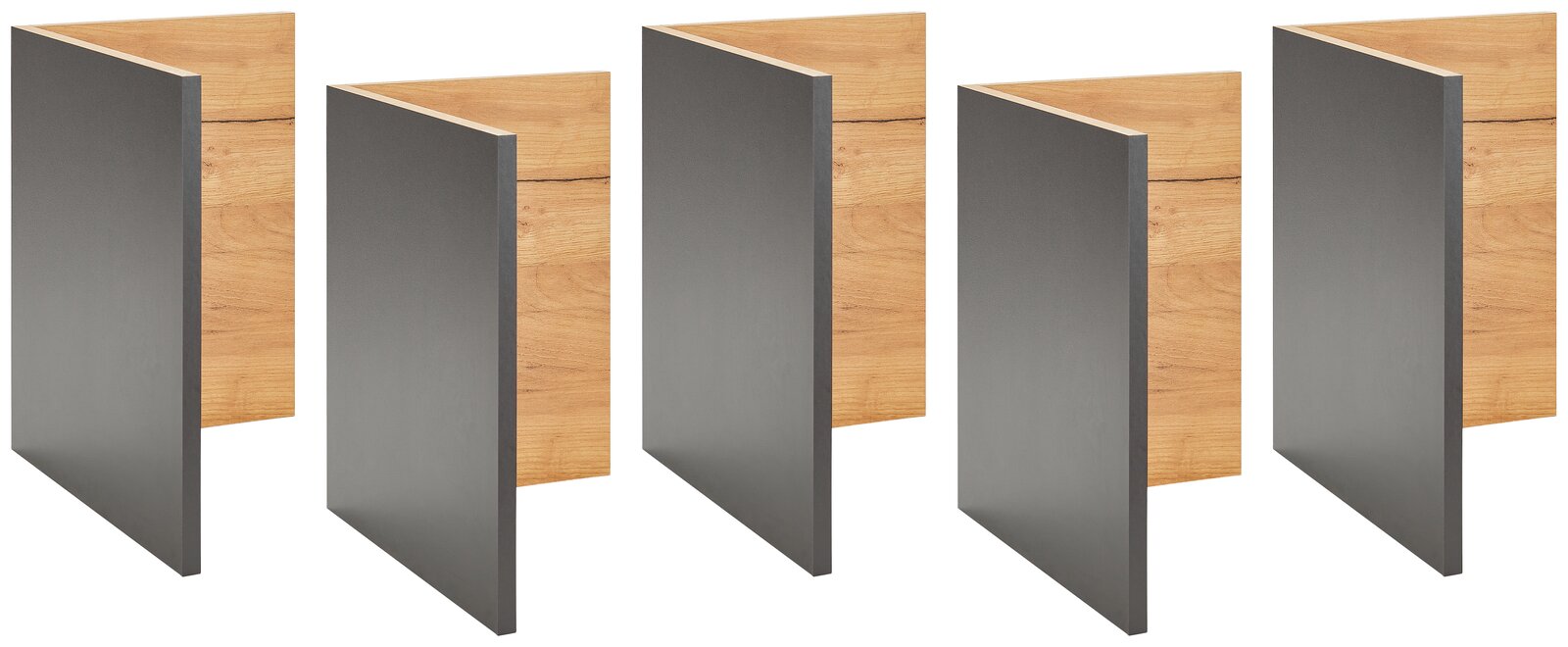 Novel Facheinsätze 5er-Set RENTON Fünf Facheinsätze aus Holz und Metall in einer diagonalen Perspektive.