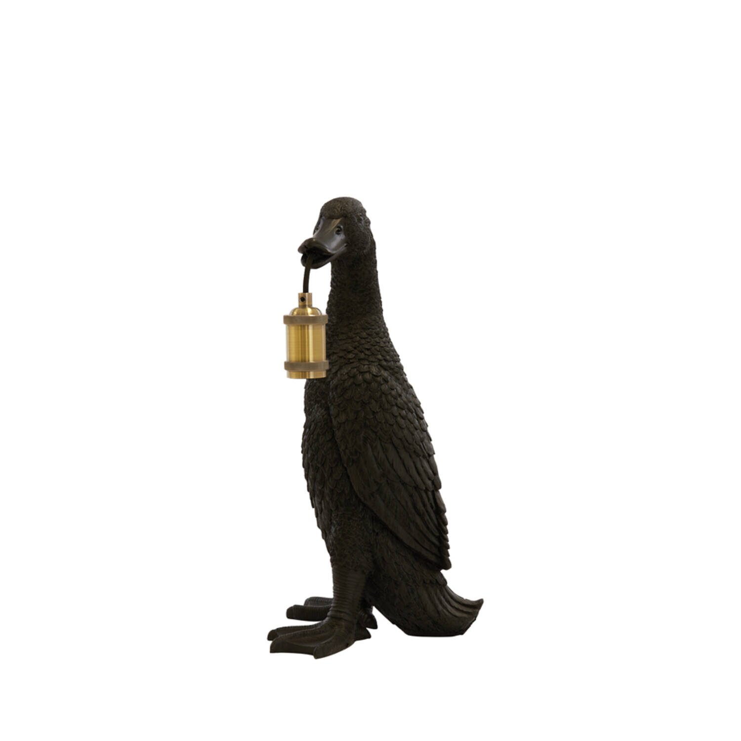 Schwarze Entenfigur als Deko-Lampe mit goldfarbener Laterne am Schnabel, freigestellt auf weißem Hintergrund, Ansicht von vorne leicht seitlich