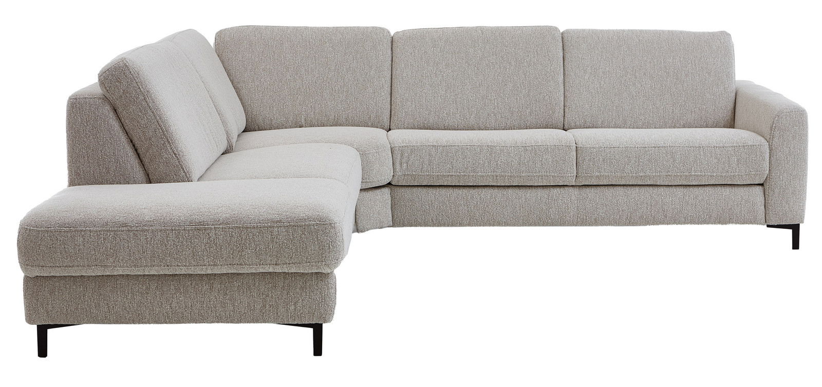 Eckgarnitur in hellem Stoffbezug, perspektivisch von vorne links fotografiert.