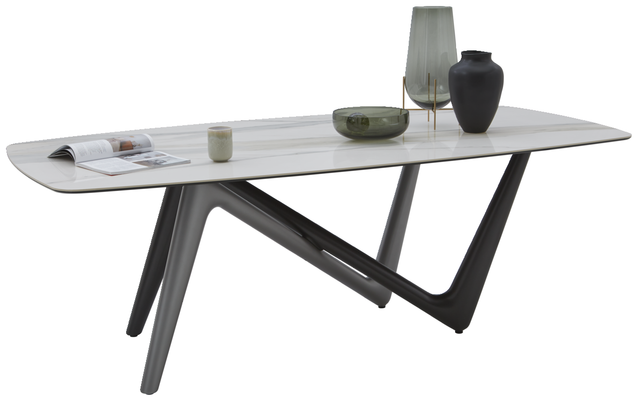 Moderner Esstisch mit Marmoroptik-Tischplatte und stilvollen V-förmigen Beinen, seitliche Perspektive