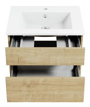 Waschtisch mit Holzoptik und zwei offenen Schubladen, Ansicht von vorne