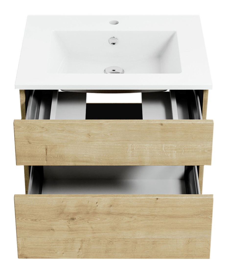 Waschtisch mit Holzoptik und zwei offenen Schubladen, Ansicht von vorne