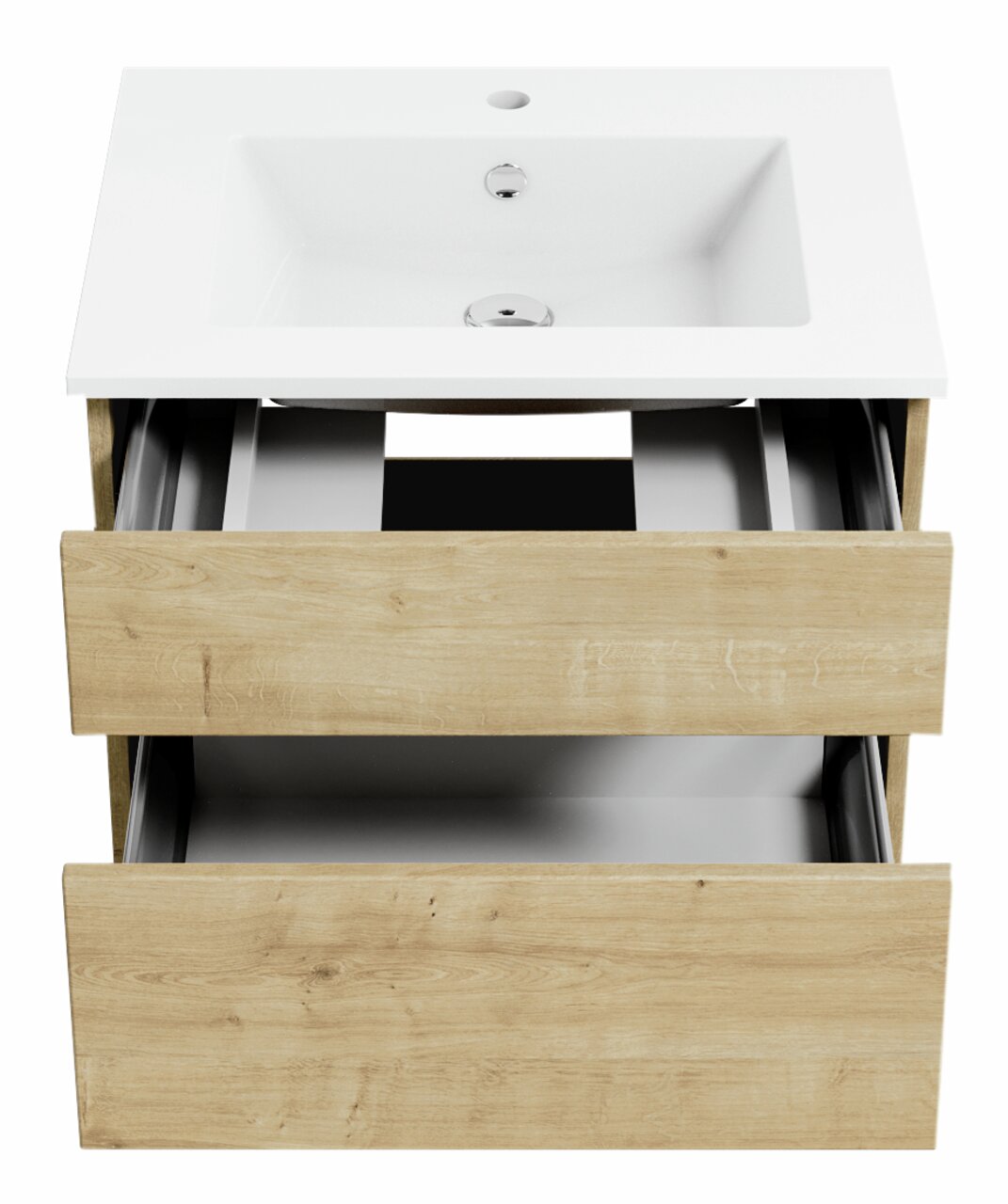 Waschtisch mit Holzoptik und zwei offenen Schubladen, Ansicht von vorne