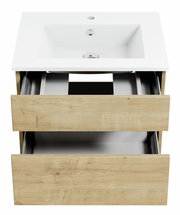 Waschtisch mit Holzoptik und zwei offenen Schubladen, Ansicht von vorne