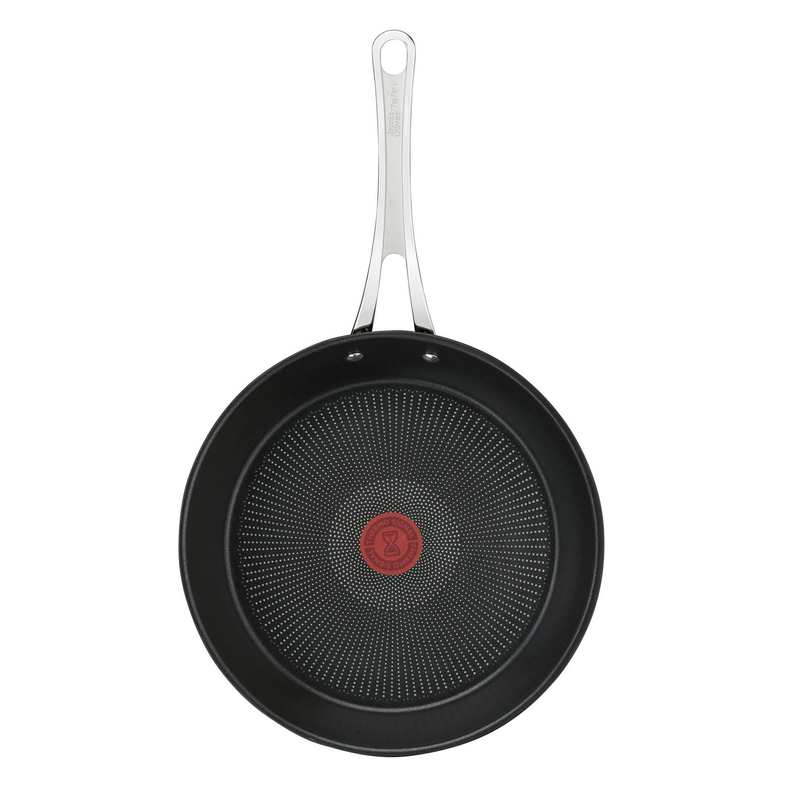 Bratpfanne Jamie Oliver Cook 2 aus der Vogelperspektive mit schwarzer Antihaftbeschichtung und rotem Thermo-Spot in der Mitte