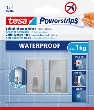 Verpackung von tesa Powerstrips Waterproof Haken, 2 kleine selbstklebende Haken, wasserfest, maximale Tragkraft 1 kg, Vorderansicht