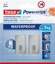 Verpackung von tesa Powerstrips Waterproof Haken, 2 kleine selbstklebende Haken, wasserfest, maximale Tragkraft 1 kg, Vorderansicht