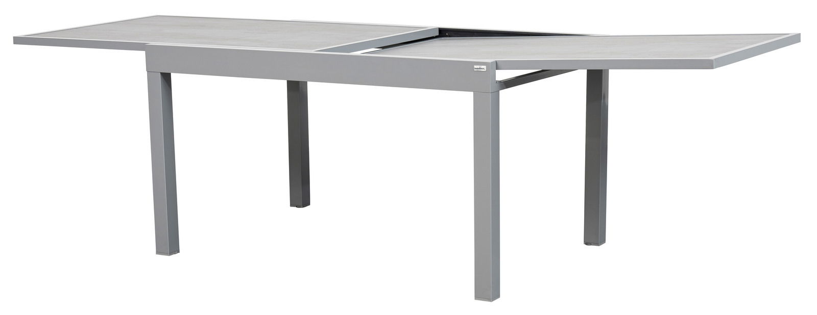 Moderner grauer Gartentisch mit erweiterbarer Tischplatte, seitliche Perspektive