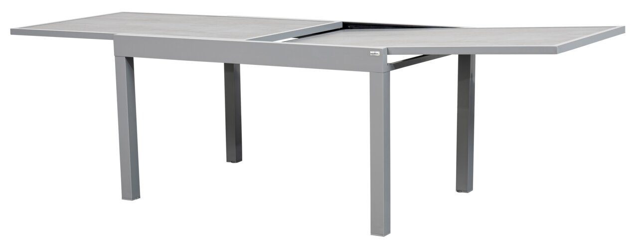 Moderner grauer Gartentisch mit erweiterbarer Tischplatte, seitliche Perspektive