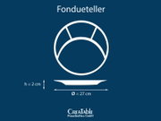 Schematische Darstellung eines runden Fondue-Tellers mit Segment-Einteilung, Draufsicht und Seitenansicht, Ø 27 cm und Höhe 2 cm, auf blauem Hintergrund