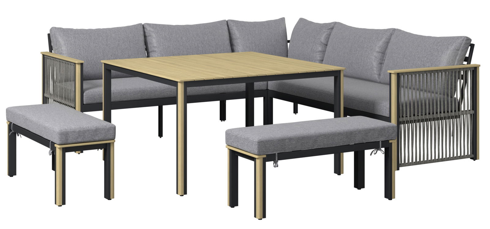 Lounge-Set mit grauen Kissen, bestehend aus einem Ecksofa, einem Tisch und zwei Bänken, aus der Vorderansicht.