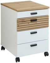 Rollcontainer mit vier Schubladen, davon eine mit Holzlamellen-Optik, auf Rollen. Perspektive: seitliche Ansicht.
