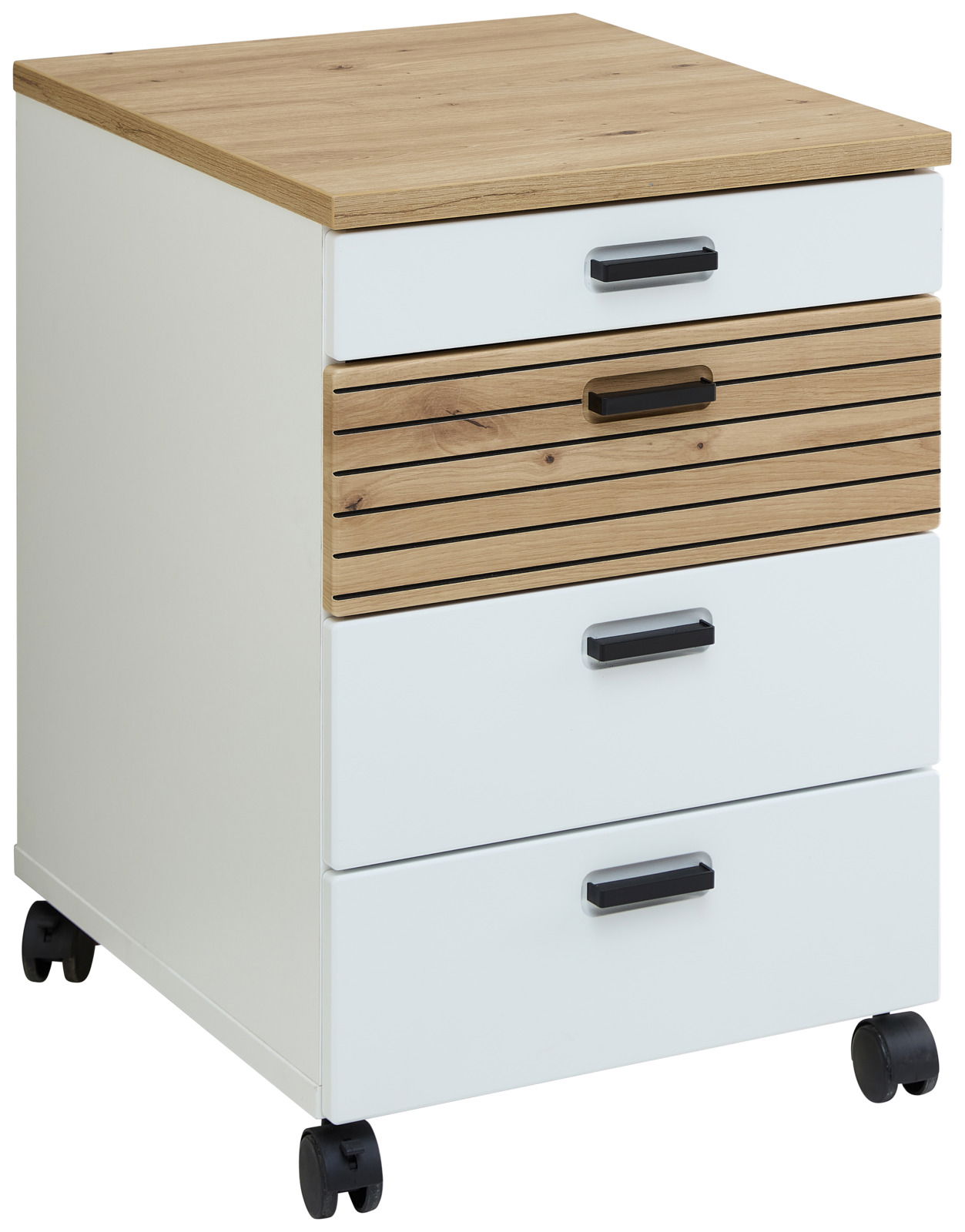 Voleo Rollcontainer GLENN Rollcontainer mit vier Schubladen, davon eine mit Holzlamellen-Optik, auf Rollen. Perspektive: seitliche Ansicht.