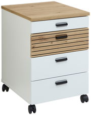 Rollcontainer mit vier Schubladen, davon eine mit Holzlamellen-Optik, auf Rollen. Perspektive: seitliche Ansicht.