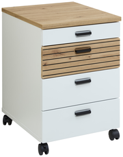 Rollcontainer mit vier Schubladen, davon eine mit Holzlamellen-Optik, auf Rollen. Perspektive: seitliche Ansicht.