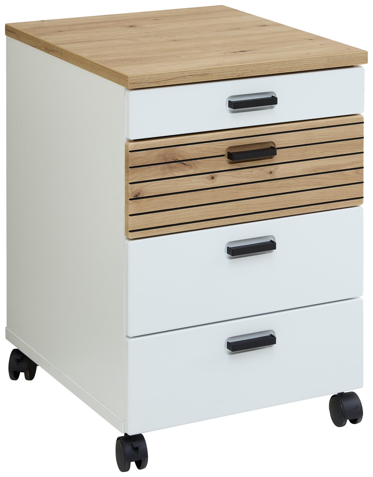 Voleo Rollcontainer GLENN Rollcontainer mit vier Schubladen, davon eine mit Holzlamellen-Optik, auf Rollen. Perspektive: seitliche Ansicht.