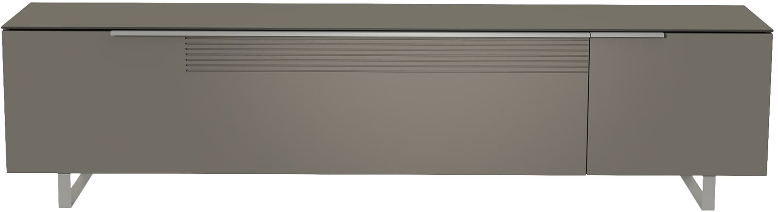 Frontansicht eines modernen, grauen XL TV-Lowboards mit klaren Linien und Metallbeinen.