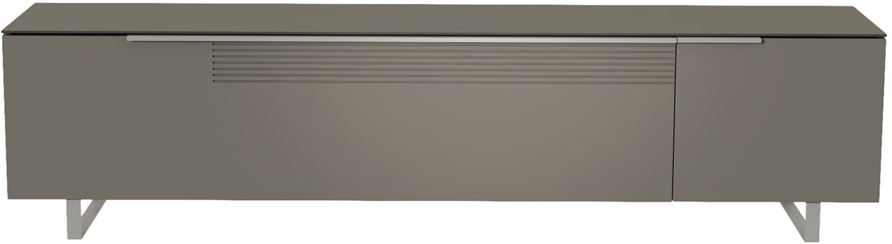 Frontansicht eines modernen, grauen XL TV-Lowboards mit klaren Linien und Metallbeinen.