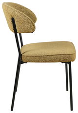Seitenansicht eines modernen Stuhls mit schwarzem Metallrahmen und beige gepolstertem Sitz und Rückenlehne.