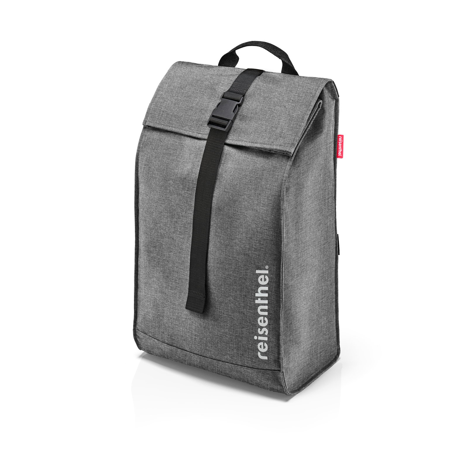 Reisenthel Twist Silver CITYCRUISER Grauer Citycruiser Twist Rucksack von reisenthel, seitliche Perspektive mit schwarzem Tragegriff und Verschluss.