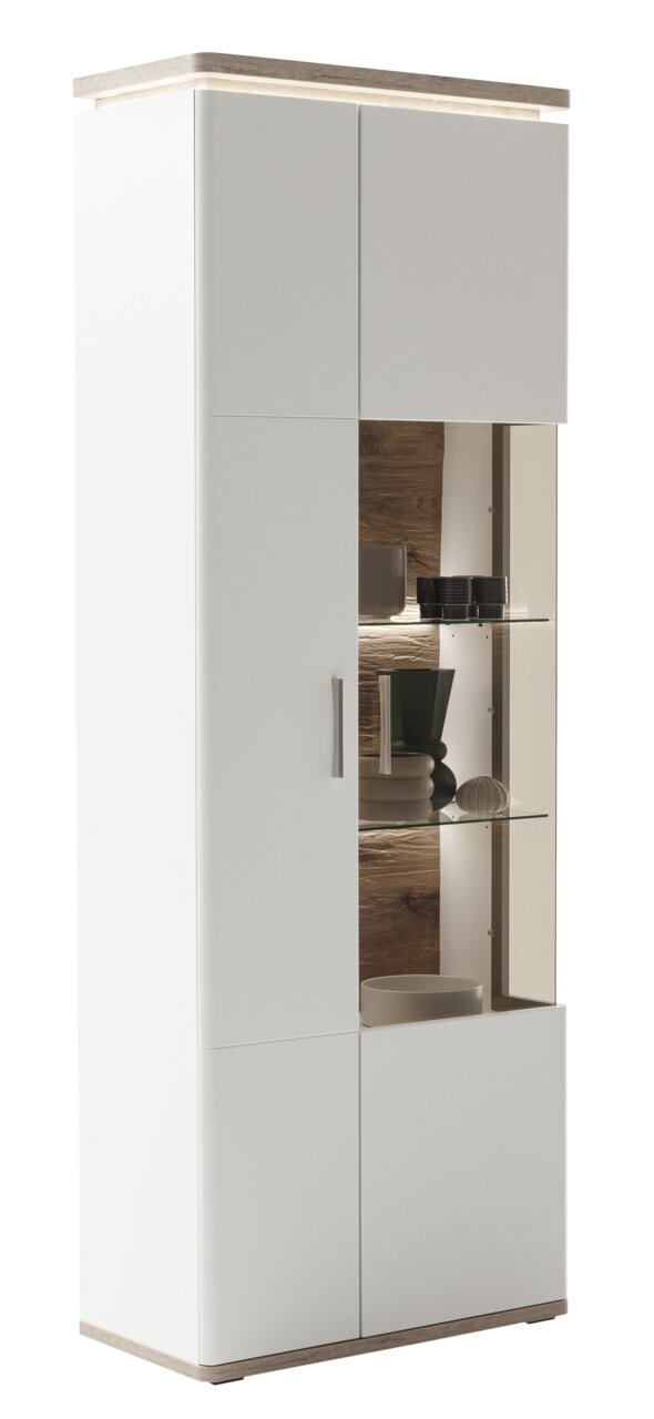 Moderne vitrinekast in wit met houten details, zijaanzicht