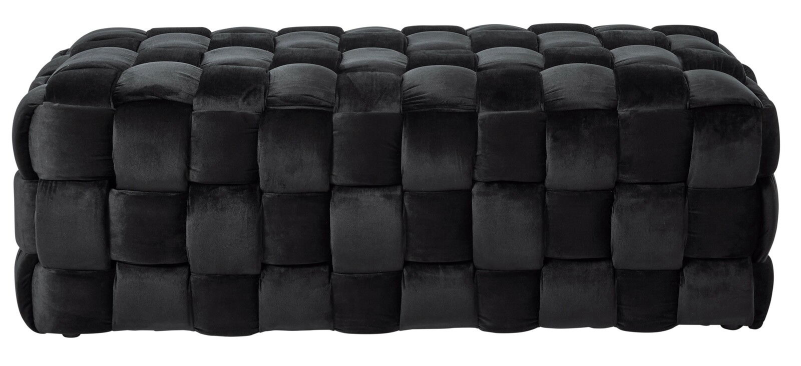 Schwarzer, gepolsterter Hocker mit quadratischem Muster, seitliche Perspektive