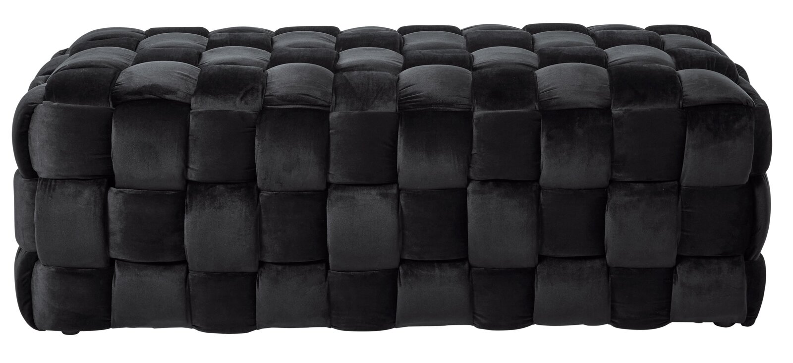 Schwarzer, gepolsterter Hocker mit quadratischem Muster, seitliche Perspektive