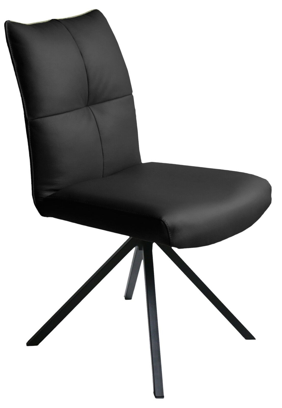 Moderner schwarzer Stuhl mit gepolsterter Rückenlehne und Sitzfläche, seitliche Perspektive