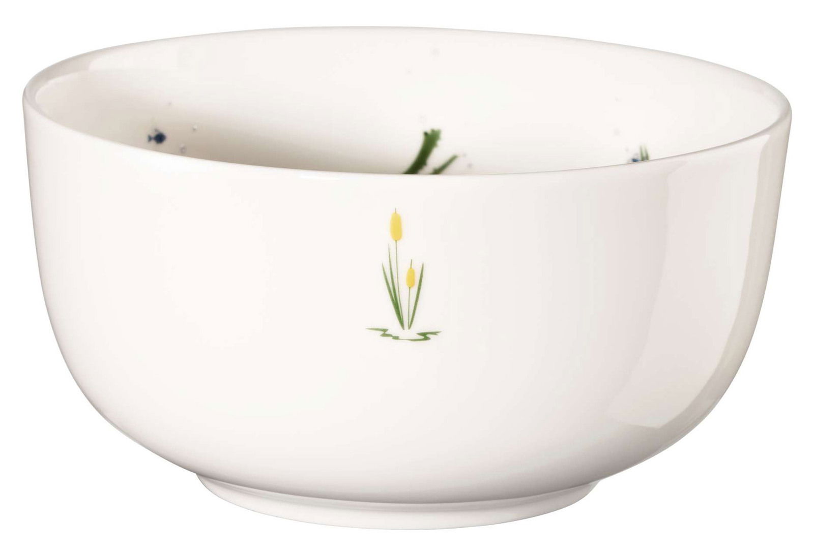 Weiße Schüssel mit gelbem Blumenmuster, seitliche Perspektive