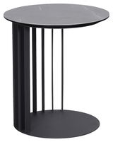 Moderner runder Beistelltisch aus schwarzem Metall mit vertikalen Streben, seitliche Perspektive