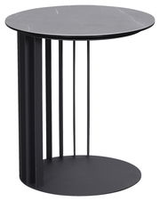 Moderner runder Beistelltisch aus schwarzem Metall mit vertikalen Streben, seitliche Perspektive