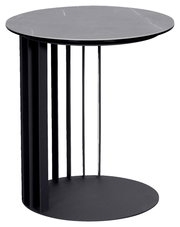 Moderner runder Beistelltisch aus schwarzem Metall mit vertikalen Streben, seitliche Perspektive