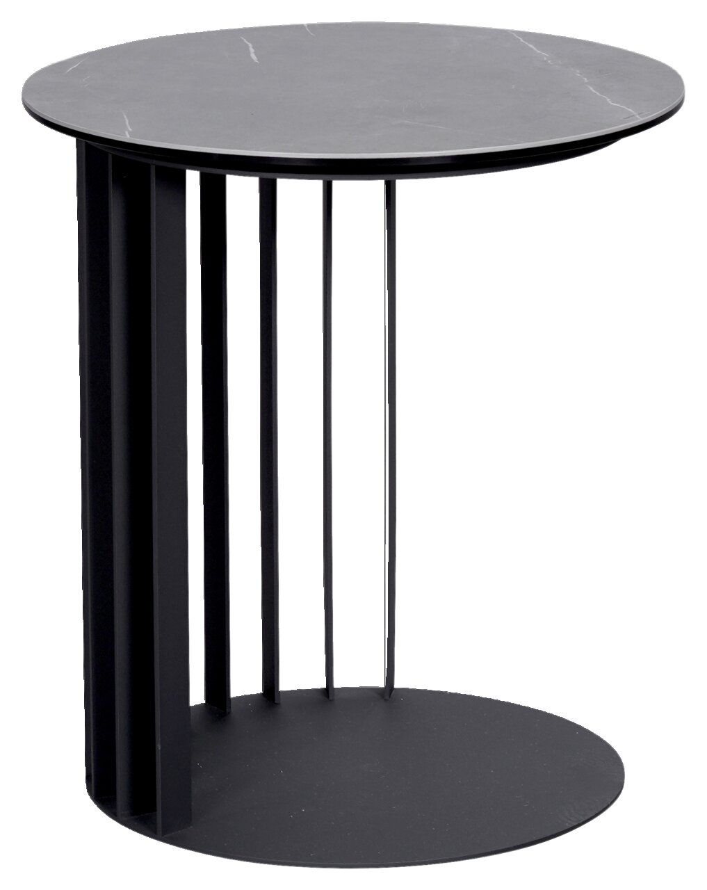 Moderner runder Beistelltisch aus schwarzem Metall mit vertikalen Streben, seitliche Perspektive