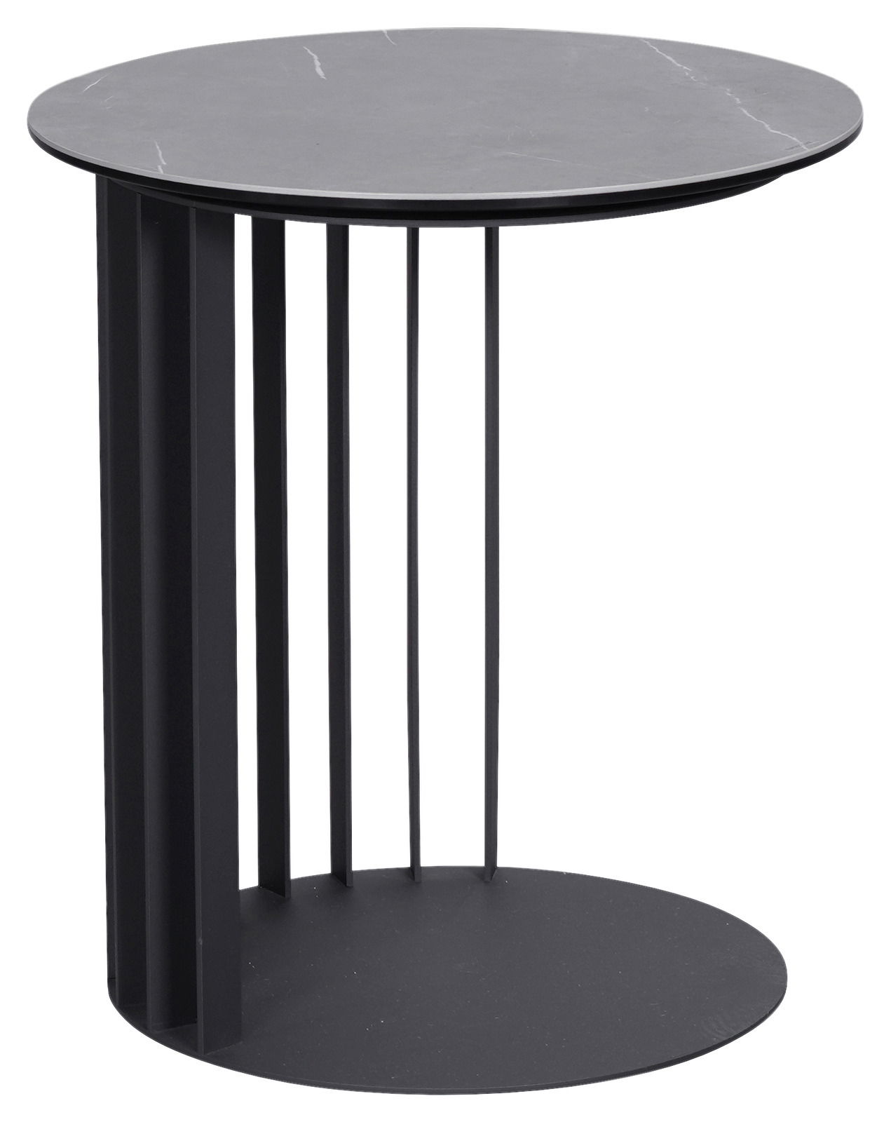 Moderner runder Beistelltisch aus schwarzem Metall mit vertikalen Streben, seitliche Perspektive