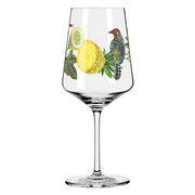 Weinglas mit tropischem Design, inklusive Ananas, Limette und Vogel, seitliche Perspektive