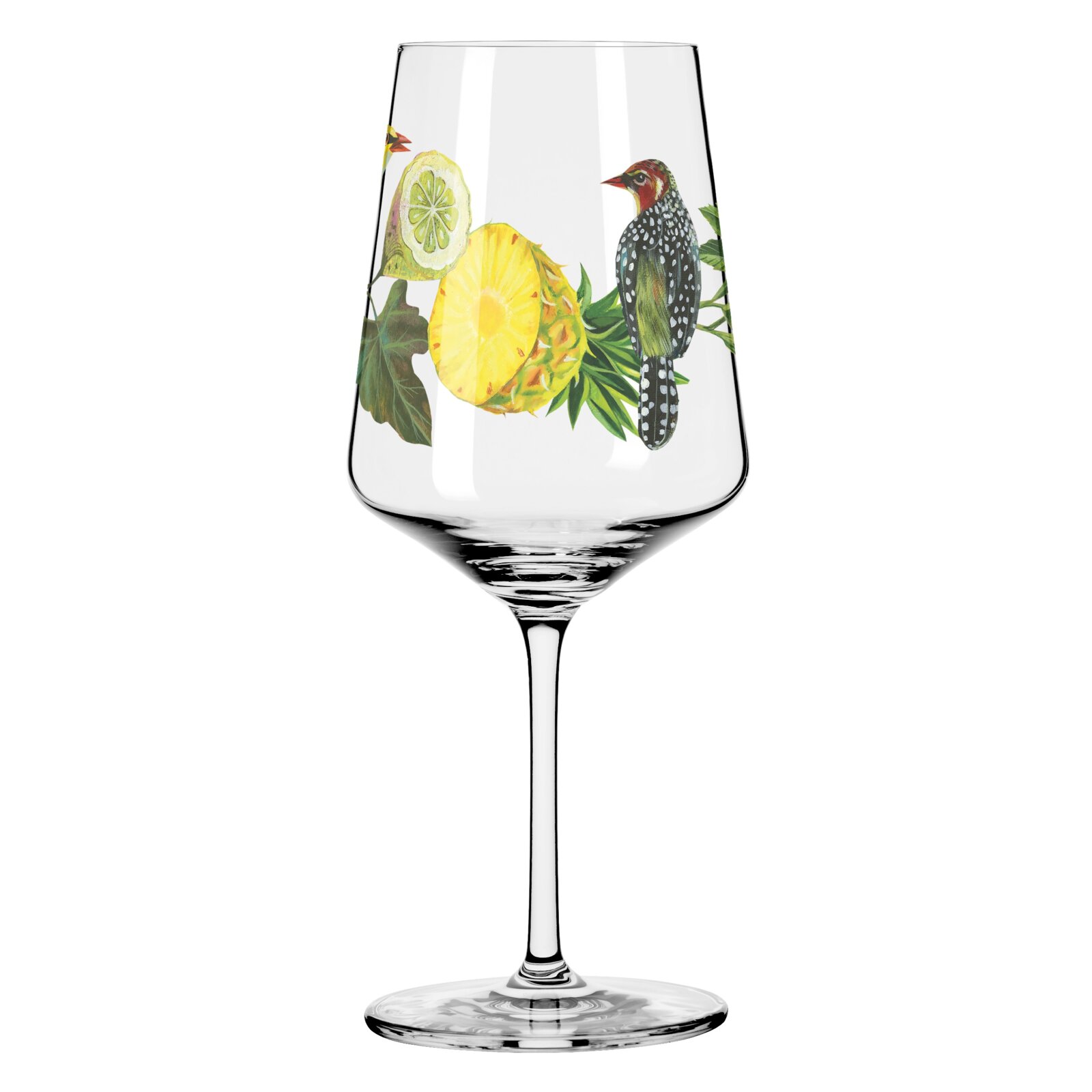 Weinglas mit tropischem Design, inklusive Ananas, Limette und Vogel, seitliche Perspektive