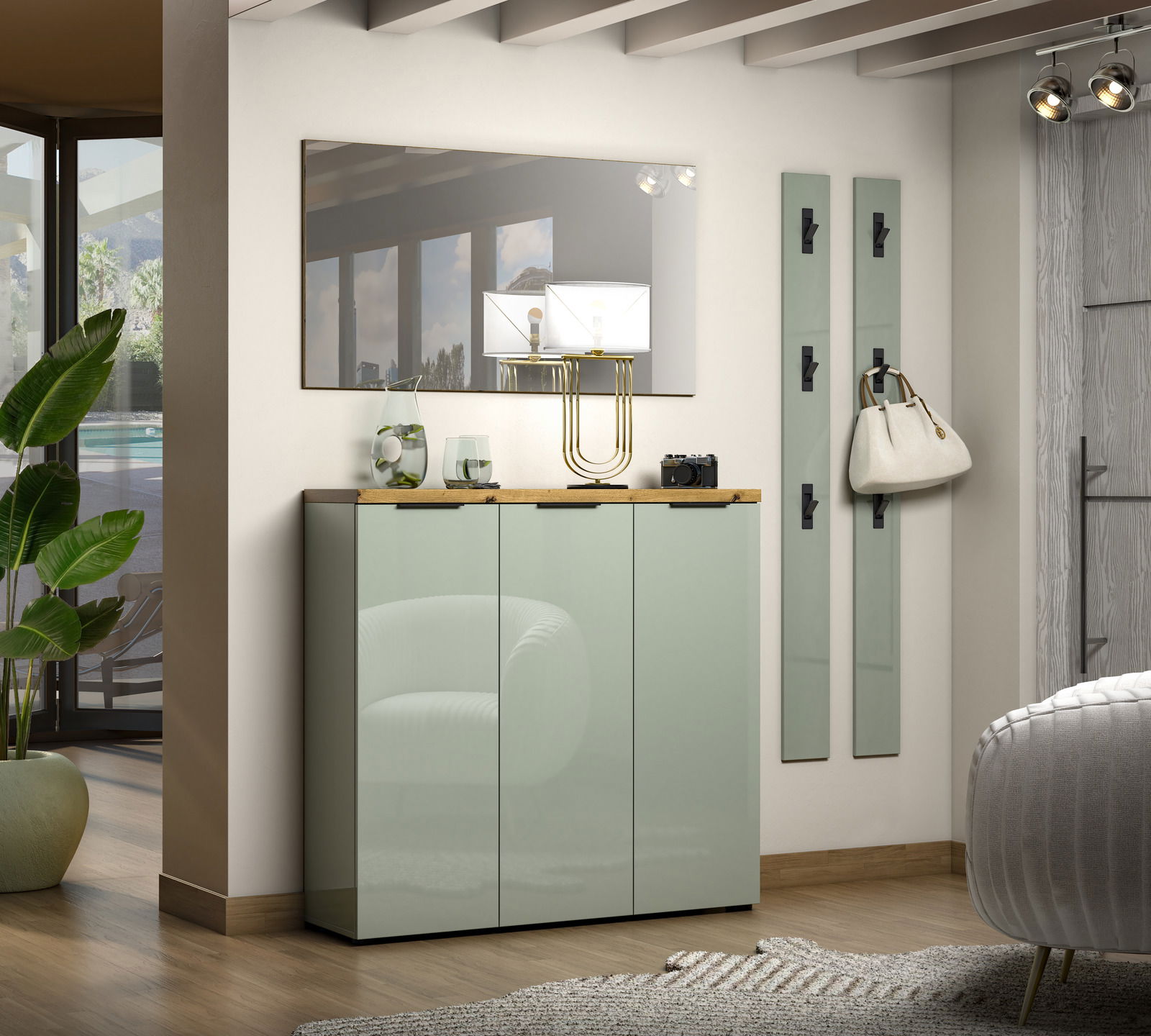 XORA Garderobenleiste IDEA Moderner Eingangsbereich mit einem XL-Schuhschrank in Hochglanzoptik und einer Garderobenleiste, seitliche Perspektive.