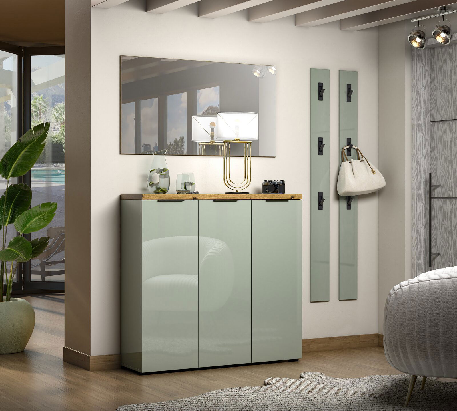 Moderner Eingangsbereich mit einem XL-Schuhschrank in Hochglanzoptik und einer Garderobenleiste, seitliche Perspektive.