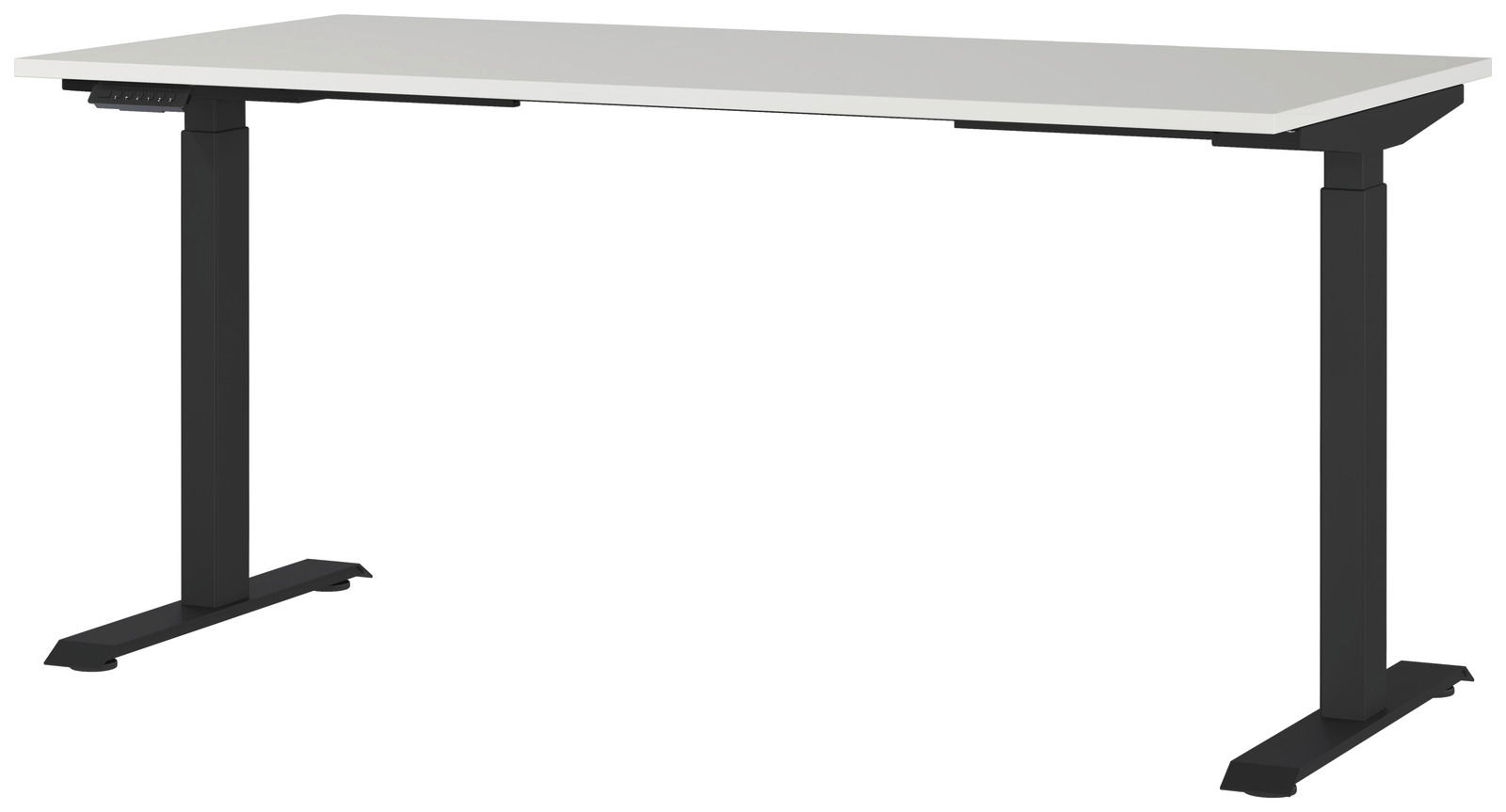 Moderner E-Schreibtisch 160x80 cm mit schwarzem Gestell und weißer Tischplatte, seitliche Perspektive