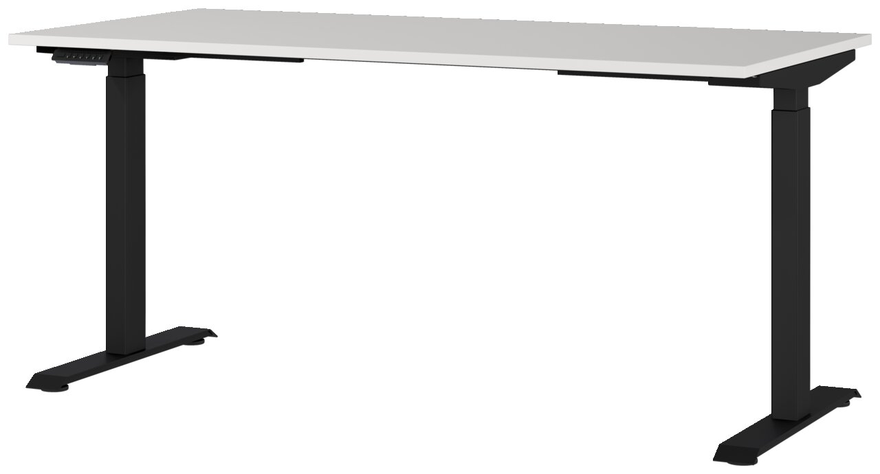 Moderner E-Schreibtisch 160x80 cm mit schwarzem Gestell und weißer Tischplatte, seitliche Perspektive
